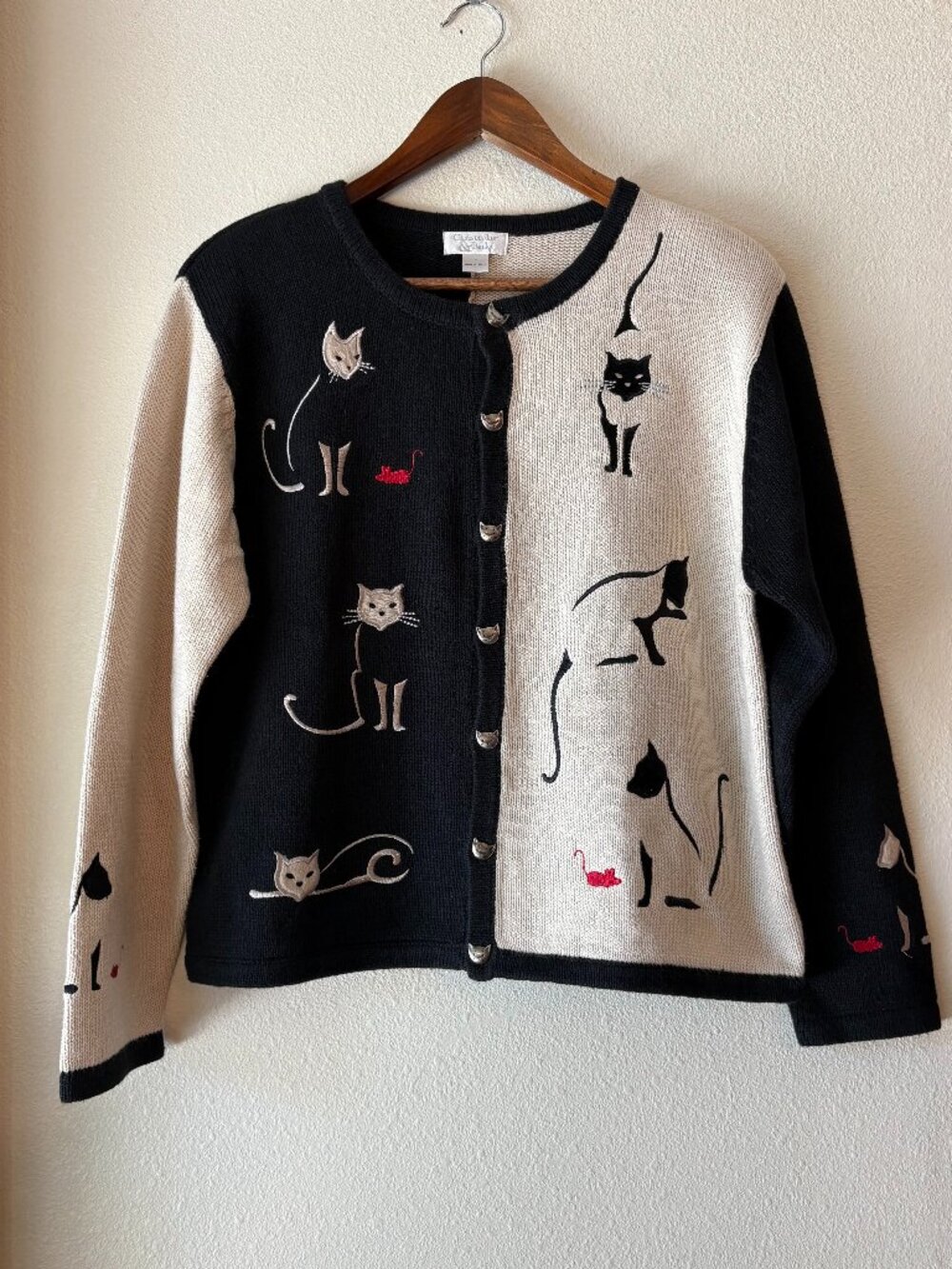 Vintage Christopher & Banks Embroidered Cats Cardigan Sweater Colorblock Size L